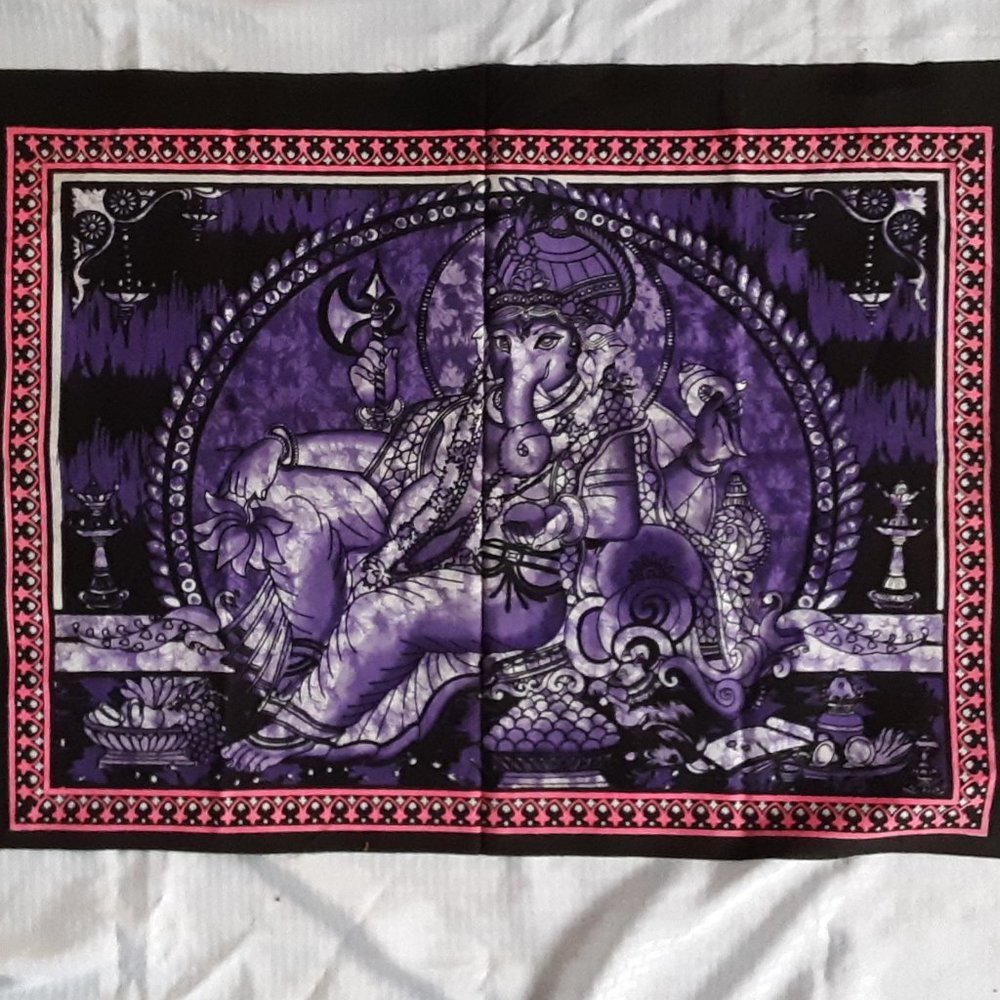 Hindu Ganesh Tapestry Wall Hanging Screen Printed Cotton 31.5" x 23" Unmounted